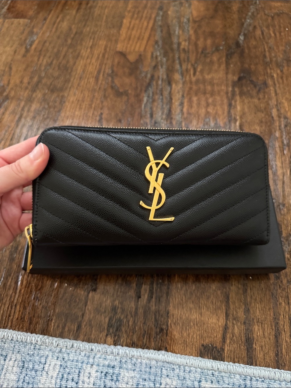 Saint Laurent Black Quilted Zip Wallet with Gold YSL Emblem
